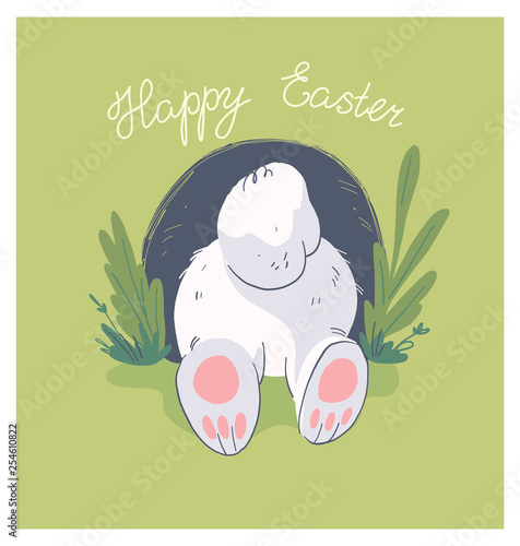 Vector hand drawn illustration with cute little baby rabbit butt in hole isolated on background. Good for happy easter lovely card, baby shower party print, birthday poster, tag, banner, sticker etc.