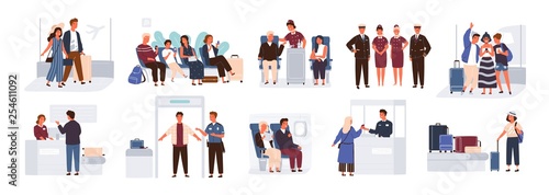 Bundle of scenes with tourists or aircraft passengers. Friends, families with children, couples at check-in, airport baggage reclaim area, waiting hall or in plane. Flat cartoon vector illustration.