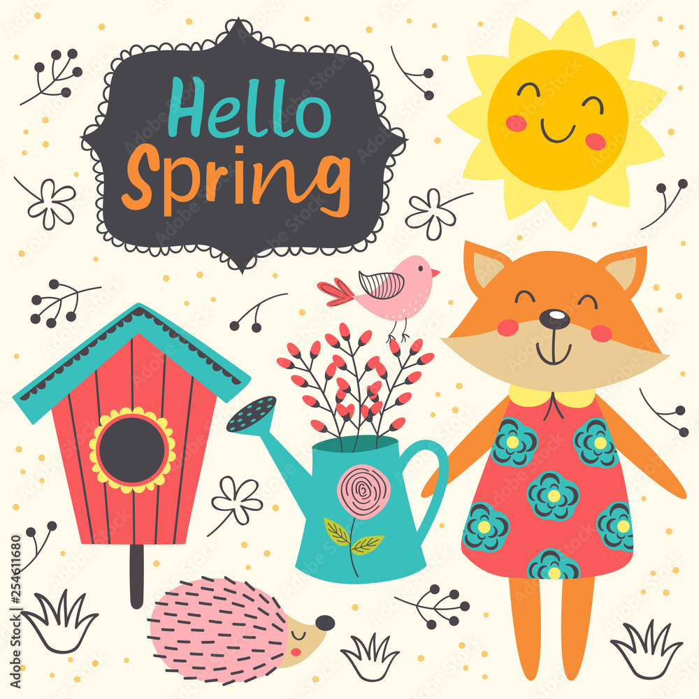 Fototapeta premium spring card with cute animals - vector illustration, eps