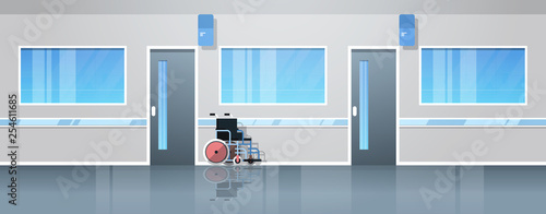 hospital corridor hall with wheelchair medical equipment empty no people clinic interior flat horizontal banner