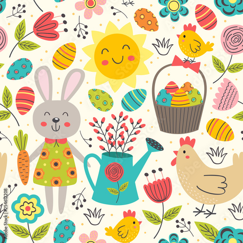 Easter seamless pattern with rabbit and chicken - vector illustration, eps