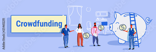 businesspeople group investment money investor crowdfunding concept business people investing dollar coins piggy bank crowd funding office interior sketch horizontal banner