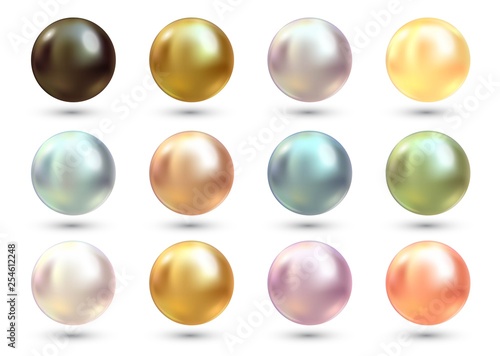 Realistic varicoloured pearls vector set. Precious pearl in sphere form. Pearl is luxury glossy stone illustration