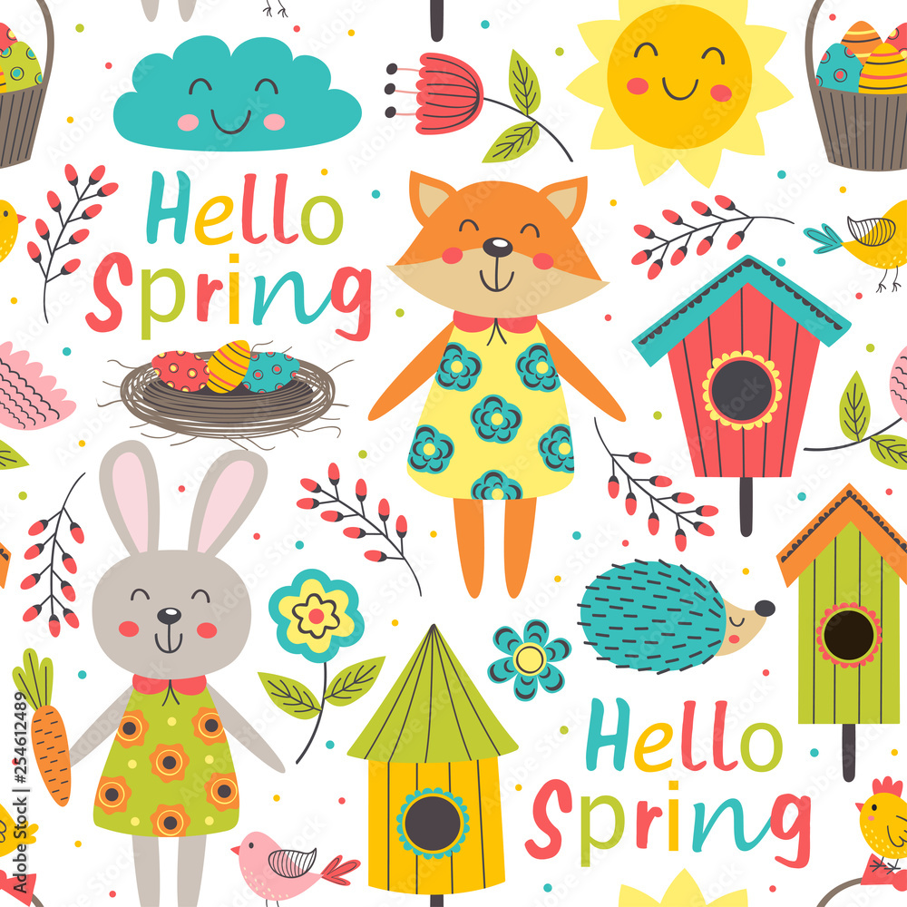 Fototapeta premium funny spring seamless pattern with cute animals - vector illustration, eps