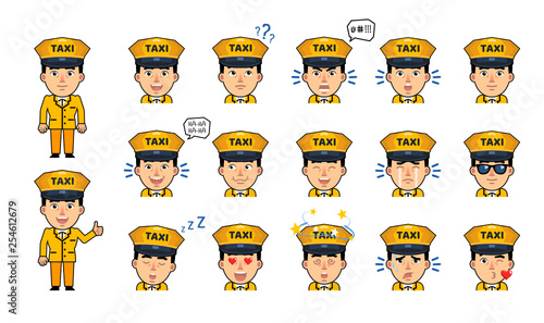 Set of taxi driver emoticons. Funny driver emojis showing various facial expressions. Happy, sad, smile, laugh, surprised, serious, dazed, sleep and other emotions. Simple vector illustration