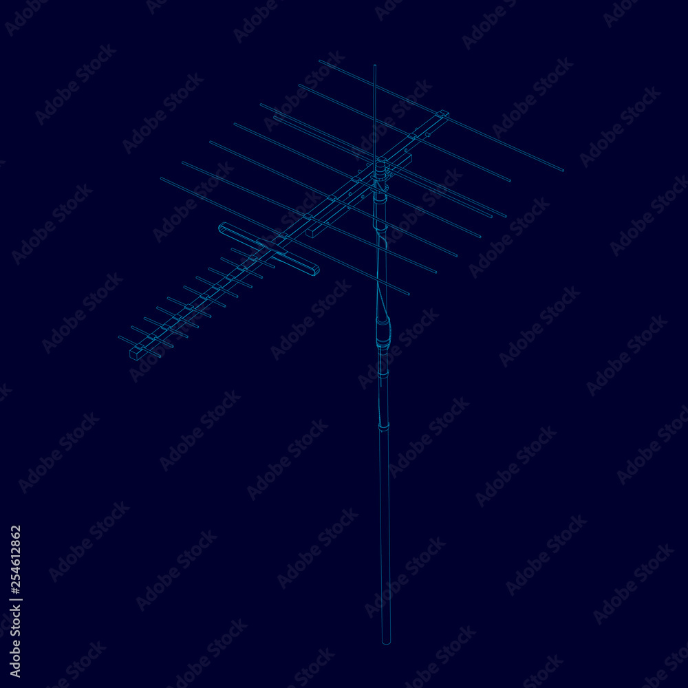 Antenna wireframe of blue lines on a dark background. Contour detailed antenna. Communication antenna isolated on a dark background. Vector illustration Antenna wireframe of blue lines on a dark background. Contour detailed antenna. Communication antenna isolated on a dark background. Vector illustration