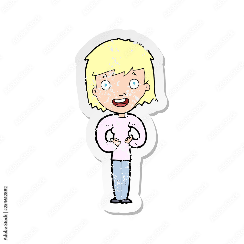 retro distressed sticker of a cartoon happy woman retro distressed sticker of a cartoon happy woman