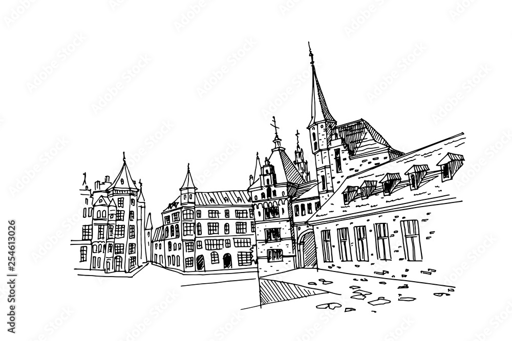 Fototapeta premium Vector sketch of street scene in Antwerpen, Belgium.
