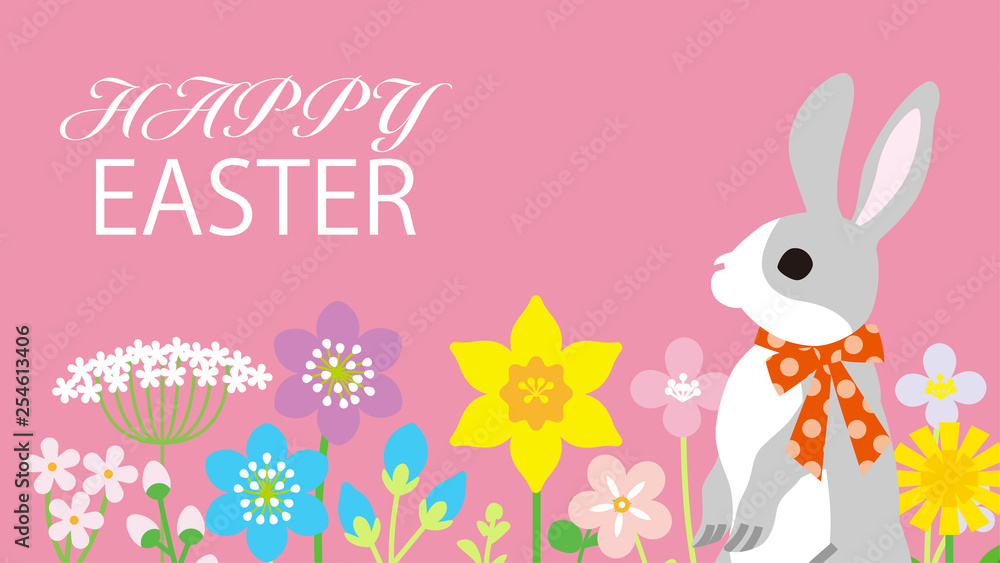 Easter bunny in the spring flower bed, pink color background - Including greeting words “HAPPY EASTER”