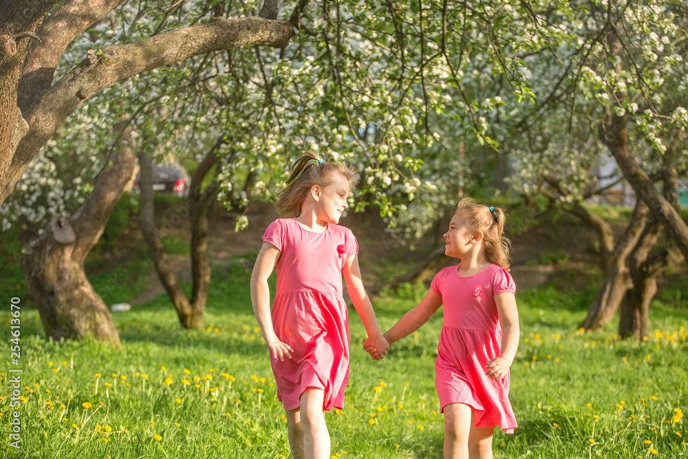 Fototapeta premium Outdoor portrait of two cheerful pretty girls playing in summer green garden in blossom. Childhood, summer, children games concept