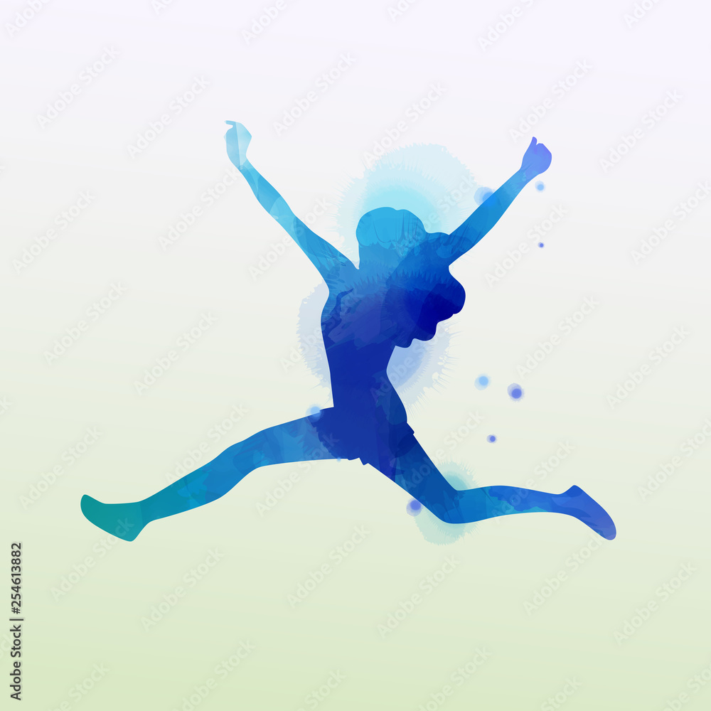 Watercolor of woman jumping into the air isolated on white background. Vector illustration. Watercolor of woman jumping into the air isolated on white background. Vector illustration.