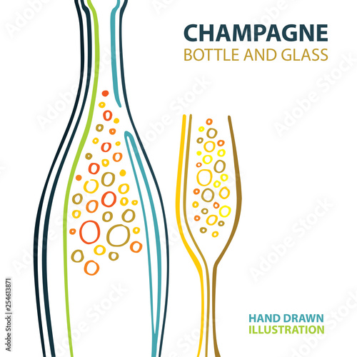 Champagne. Champagne and glass stylized vector illustration. Sparkling champagne bottle and glass hand drawing abstract design.