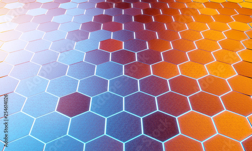 Glowing black blue and orange hexagons background pattern on silver metal surface 3D rendering