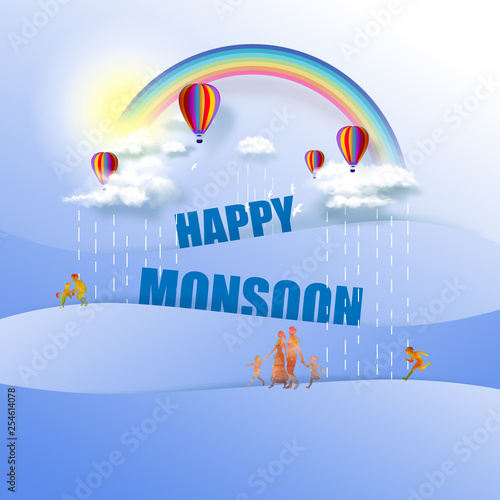 Happy Monsoon  Poster Or Sale Banner Template Design. Hot air balloons in cloudy sky with rainbow  on good weather background. Fantasy vector illustration.