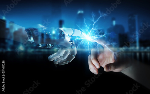 Robot hand creating electricity with human hand 3D rendering