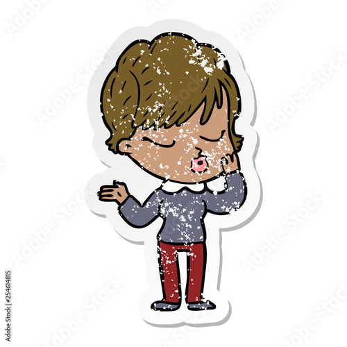 distressed sticker of a cartoon woman with eyes shut