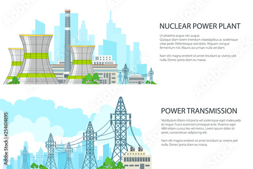 Set of White Banners with Electric Transmission, Thermal Power Station and High Voltage Power Lines Supplies Electricity to City, Vector Illustration