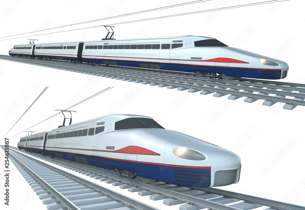 High-speed electric train, set of 3d illustrations isolated on white. High-speed electric train, set of 3d illustrations isolated on white.