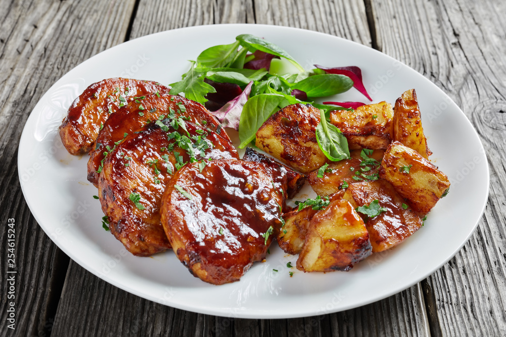 Oven Baked sticky glazed Pork Chops, close-up