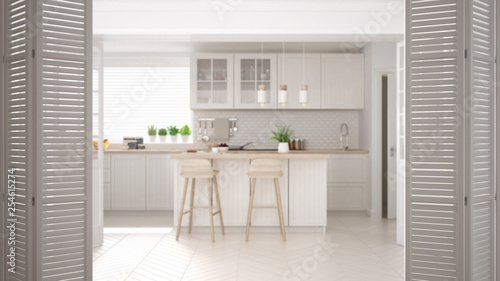 White folding door opening on modern scandinavian kitchen with island, stools and pendant lamps, cabinets and accessories, white interior design, designer concept, blur background