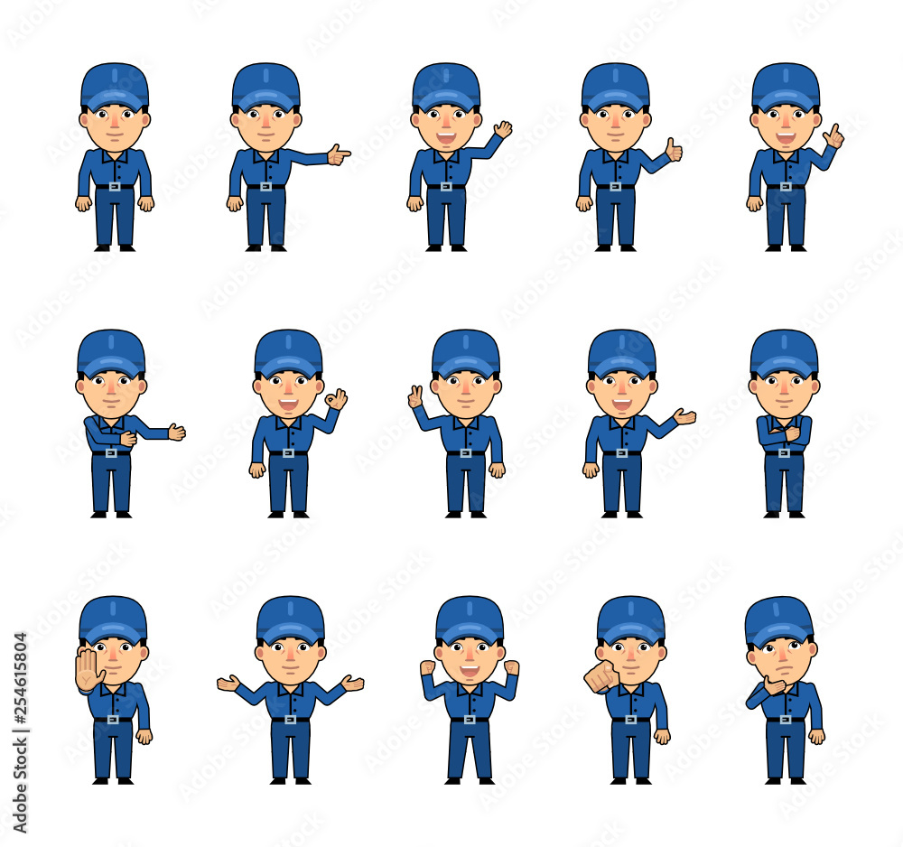 Set of workman characters showing various hand gestures. Funny worker pointing, greeting, showing thumb up, victory, stop sign and other hand gestures. Simple vector illustration