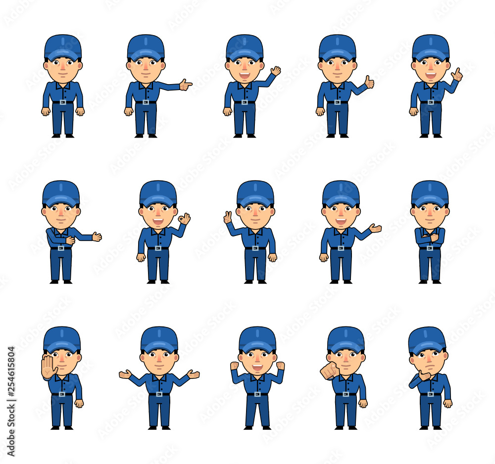 Set of workman characters showing various hand gestures. Funny worker pointing, greeting, showing thumb up, victory, stop sign and other hand gestures. Simple vector illustration Set of workman characters showing various hand gestures. Funny worker pointing, greeting, showing thumb up, victory, stop sign and other hand gestures. Simple vector illustration