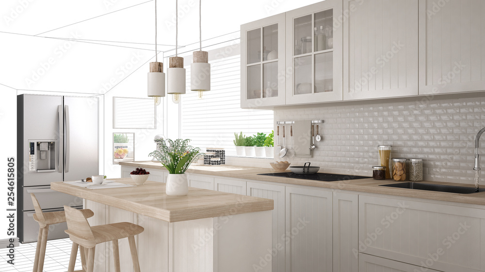 Interior design project draft, work in progress concept idea, real modern white and wooden scandinavian kitchen in sketched background, architect designer project desktop screen-shot Interior design project draft, work in progress concept idea, real modern white and wooden scandinavian kitchen in sketched background, architect designer project desktop screen-shot