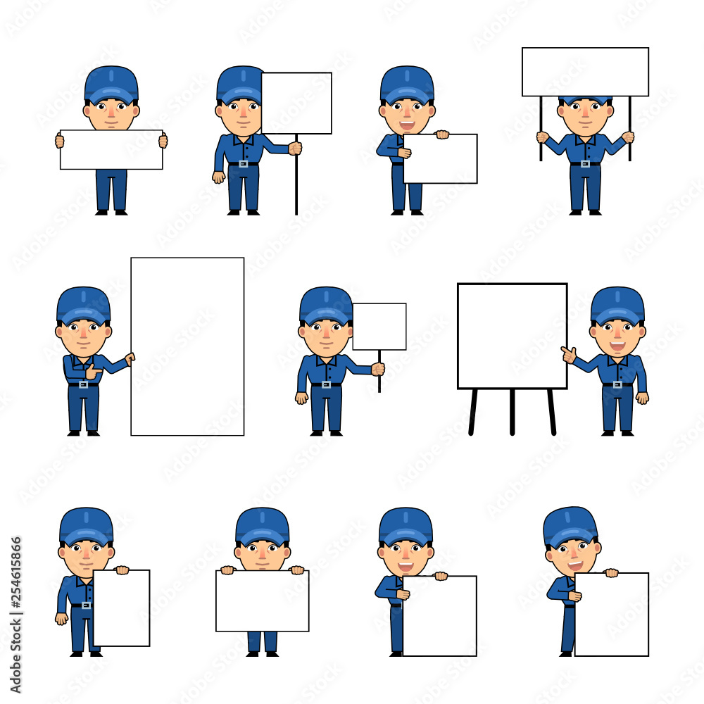 Set of workman characters posing with various blank banners. Funny worker holding paper, poster, placard, pointing to whiteboard. Teach, advertise. Simple vector illustration