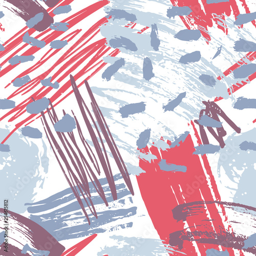 Motley abstract artistic seamless pattern with creative chaotic paint traces, blots, stains, daub on white background