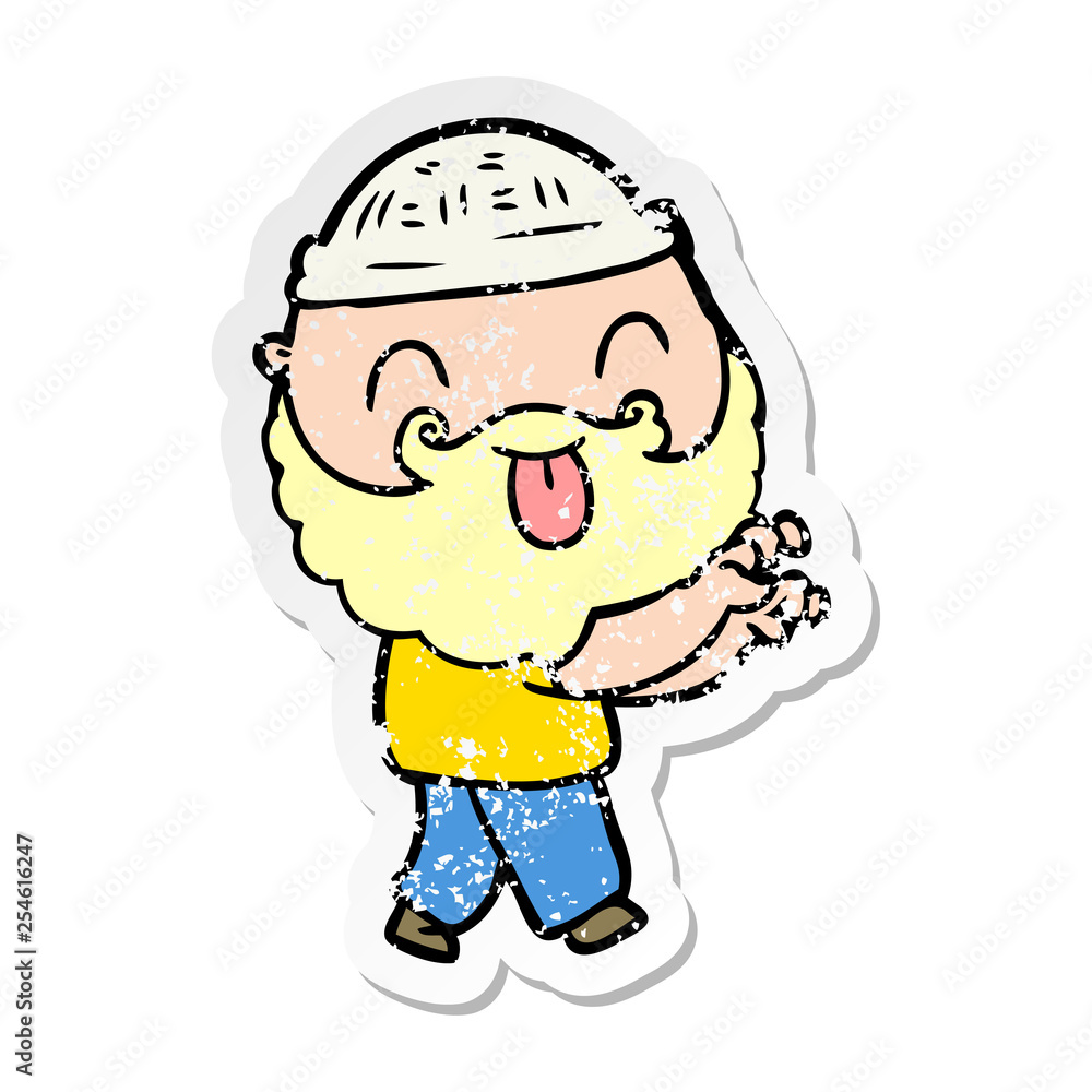 distressed sticker of a man with beard sticking out tongue distressed sticker of a man with beard sticking out tongue