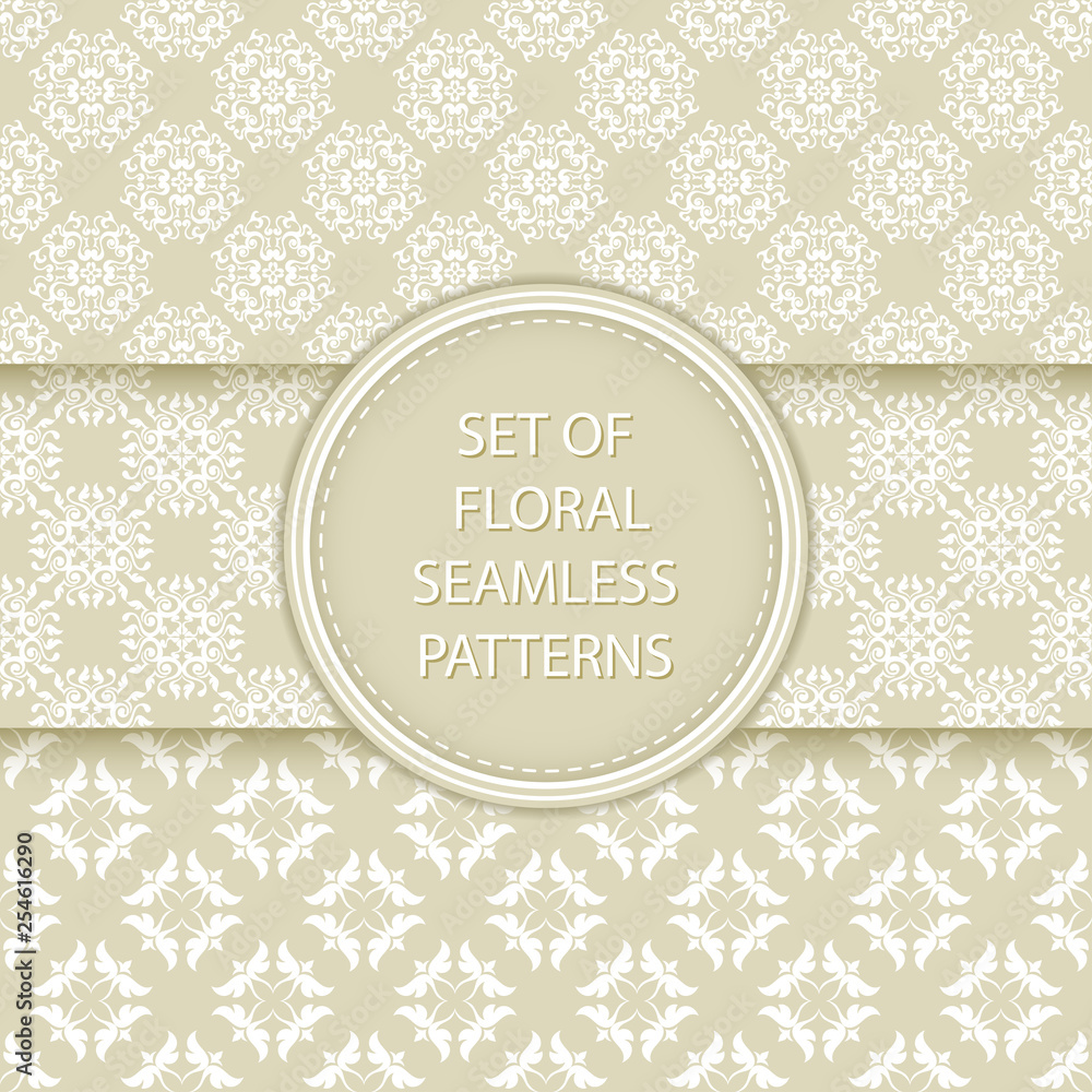 Floral seamless patterns compilation. White designs on olive green backgrounds