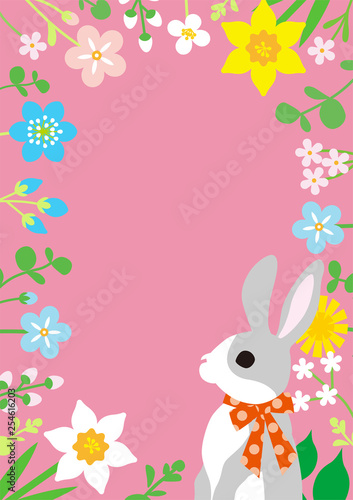 Easter bunny and spring wildflowers round frame background, pink color - copy space layout design