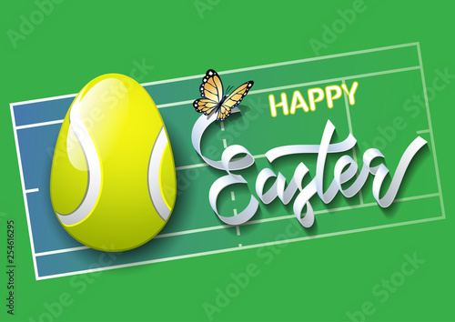 Happy Easter. Easter egg in the form of a tennis ball on a tennis court background. Vector illustration.