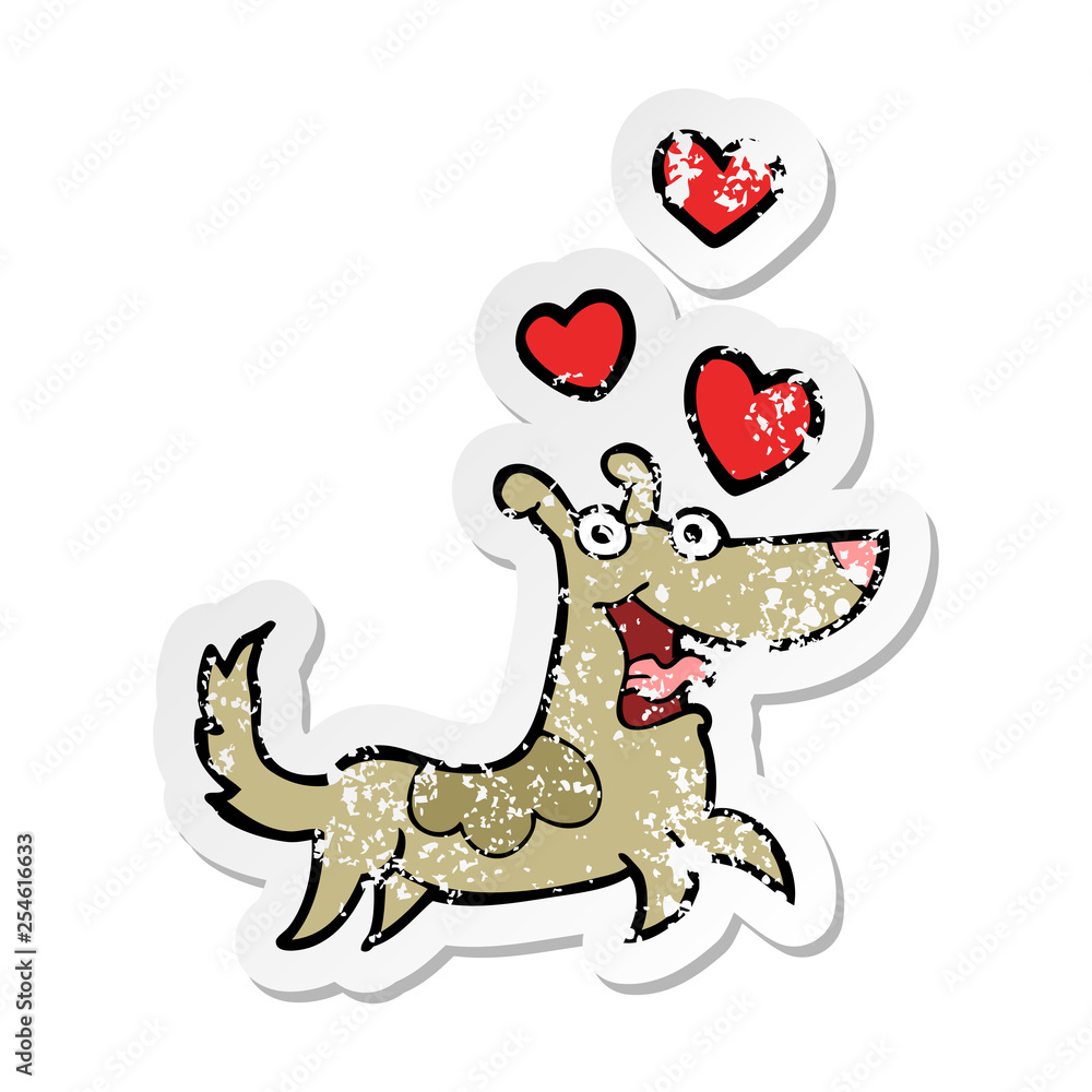distressed sticker of a cartoon dog with love hearts