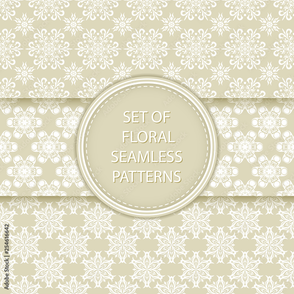 Olive green and white floral seamless patterns. Compilation of designs with flowers