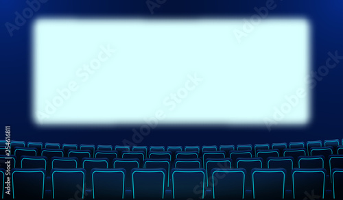 Realistic rows of blue chairs cinema and white blank screen in the darkness. Cinema auditorium and movie theater seats facing empty scene design. Vector cinema flat style cartoon illustration.