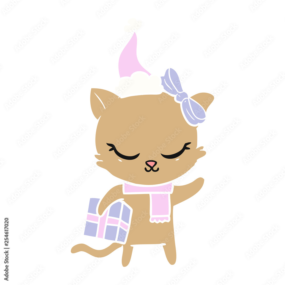 cute flat color illustration of a cat with present wearing santa hat cute flat color illustration of a cat with present wearing santa hat
