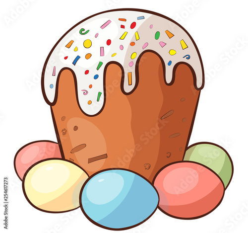 Easter cake with colored eggs isolated on white background, vector illustration of orthodox easter bread