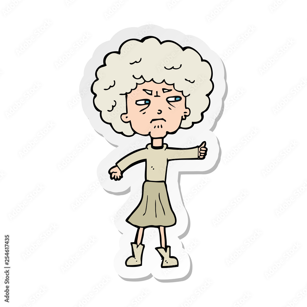 sticker of a cartoon annoyed old woman sticker of a cartoon annoyed old woman