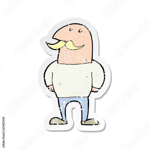 retro distressed sticker of a cartoon bald man with mustache