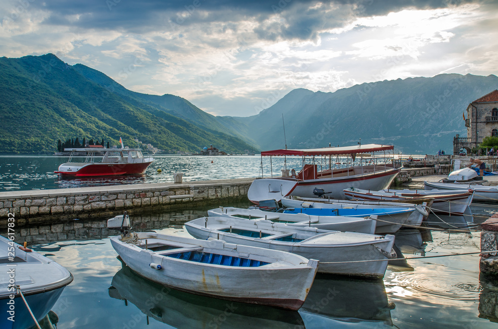 Montenegro, Perast, boats in the bay