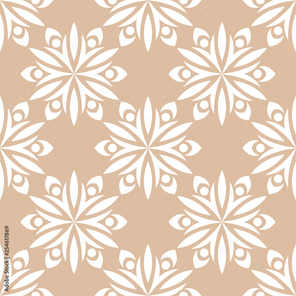 Floral seamless background. White flower pattern on beige backdrop