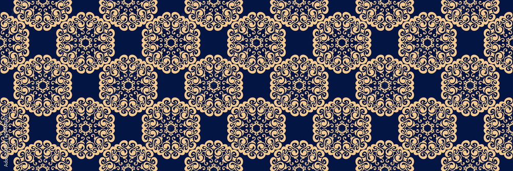 Floral seamless pattern. Golden flowers on dark blue background