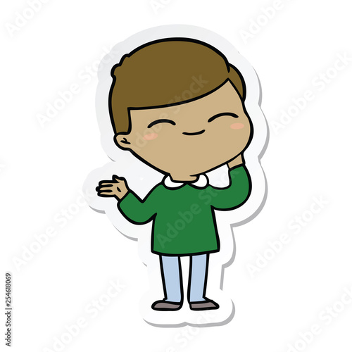 sticker of a cartoon shy smiling boy