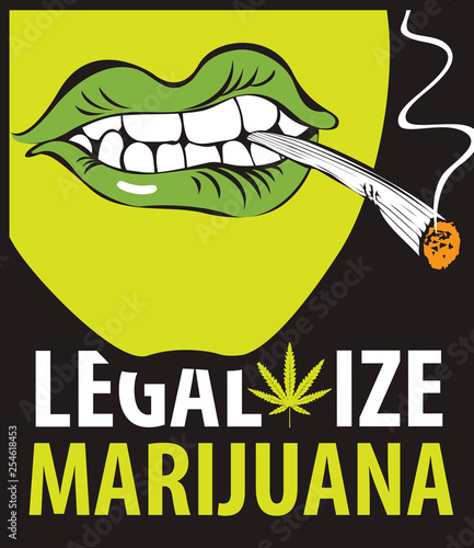 Vector banner with words Legalize marijuana with a human mouth with a joint or a cigarette in his mouth. Smoking weed. Drug consumption