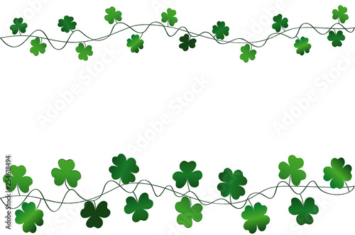 Green festive bunting with clover. Irish holiday - Happy St. Patrick s Day with a garland of three-leaf. Greeting card  poster  banner. Vector
