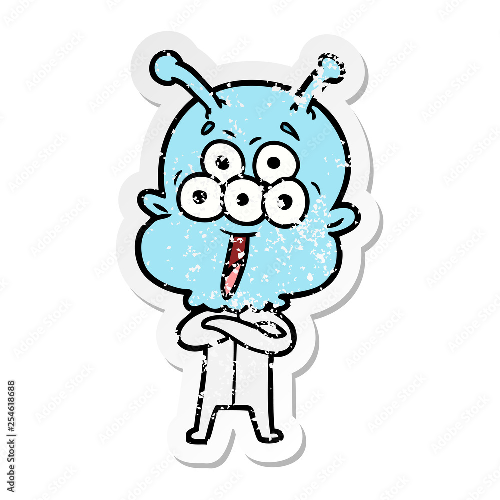 distressed sticker of a happy cartoon alien distressed sticker of a happy cartoon alien