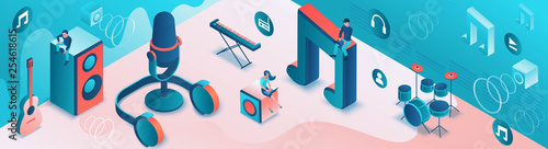 Modern music radio show or audio blog concept, podcast isometric 3d illustration, vector landing page template with people, microphone, sound studio interior