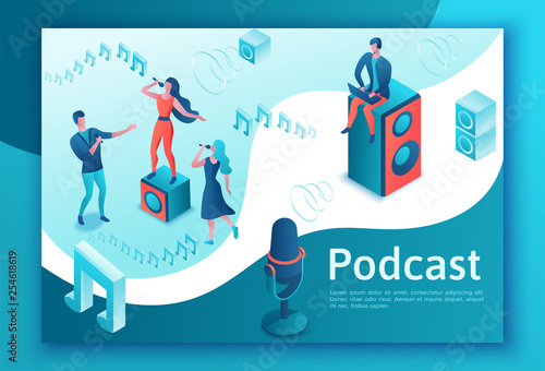 Isometric music radio show 3d illustration, modern concert poster, audio blog concept, vector landing page with people singing, microphone, guitar, podcast recording sound studio, living coral color