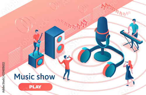 Isometric music radio show 3d illustration, modern concert poster, audio blog concept, vector landing page with people singing, microphone, guitar, podcast recording sound studio, living coral color